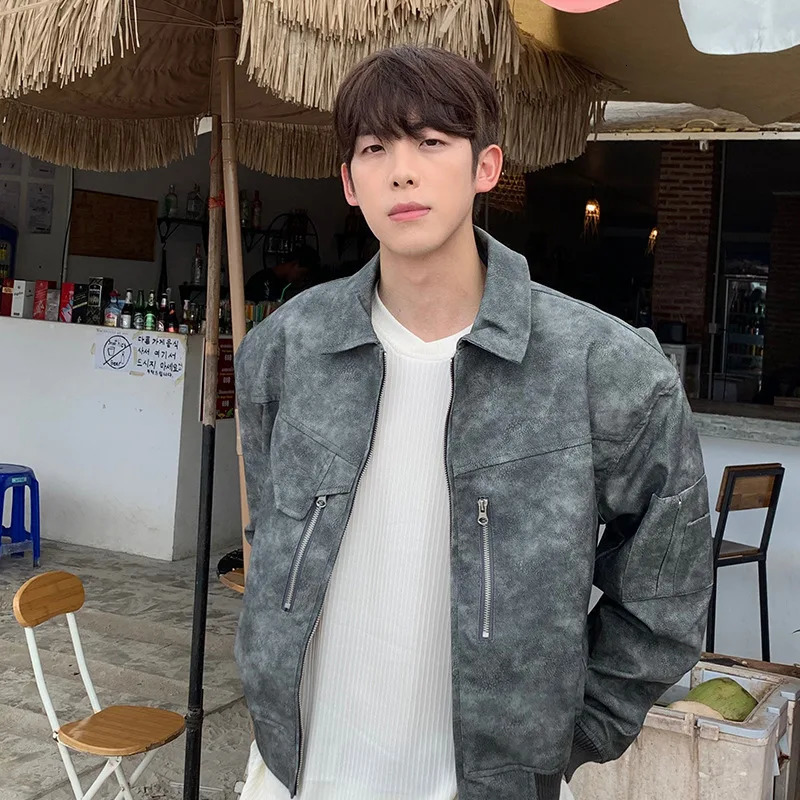 Mens Cropped PU Leather Jacket Fashion Turn-down Collar Gradient Color Retro Coat Zipper Mens Motorcycle Outwear Spring Pink 240806