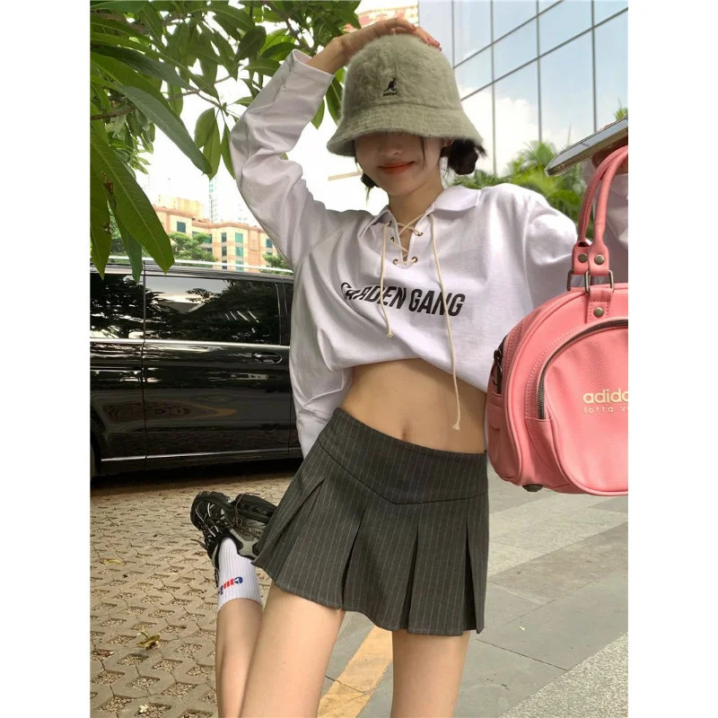 Korean Streetwear Y2k Crisscross Polo T-shirt Womens Harajuku Retro Letter Printed White T-shirt Casual Long Sleeve T-shirt 240827