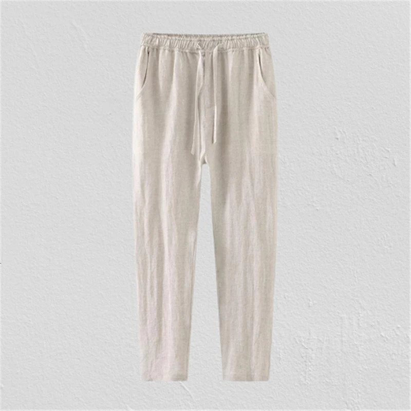 Mens summer streetwear breathable cotton linen ankle length pants mens simple casual solid loose Trouser Y2K pocket Pantalones240806