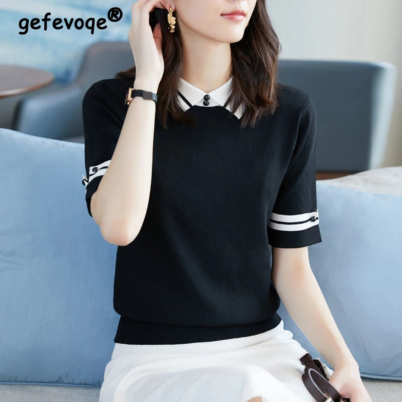 Summer Halft Sleeve Knitting Tee Female Casual Fashion Tee Slim Patchwork Pullover Tops Women Polo-neck All-match T-shirt 240806