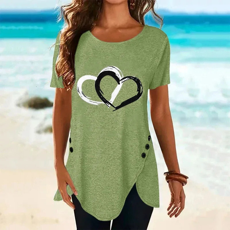 Womens Short-sleeve Heart Printed T-shirt Summer Casual Loose Long Top Tee Shirt Clothing Fashion T Shirt Streewear Oversized 240806