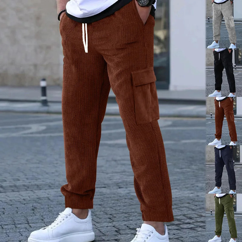 Foreign Trade Mens Corduroy Trousers Solid Color Sports Pants Loose Straight MultiPocket Thin Casual Autumn and Winter 240806