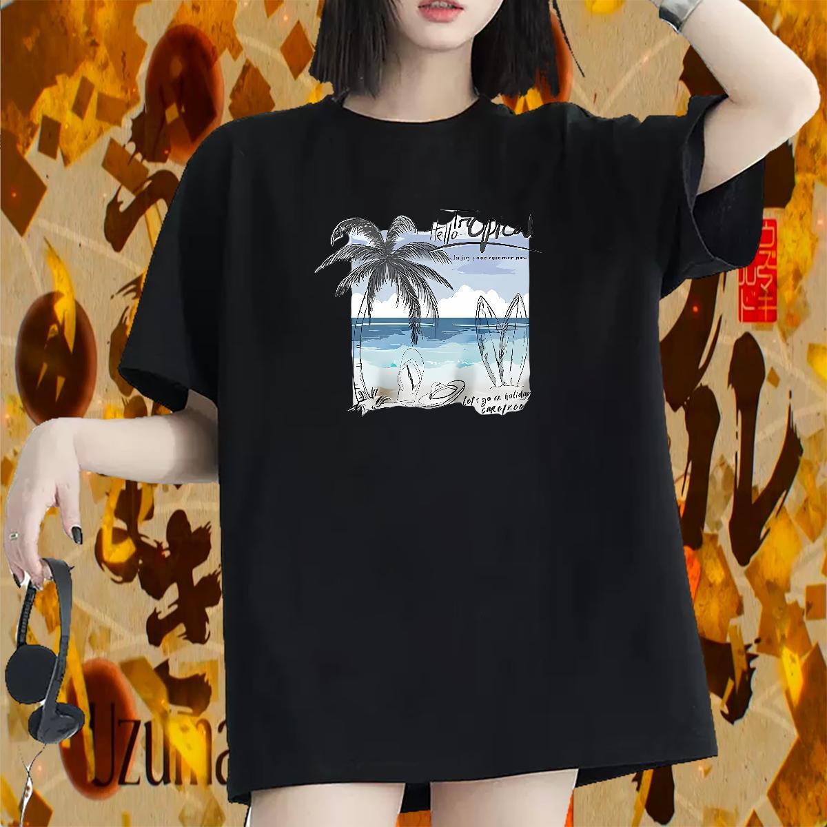 Female Woman T Shirts O-Neck Short Sleeve Unisex Tshirts Anime Print sea Street Wear 230g Pure Cotton 2024 DIY Tees