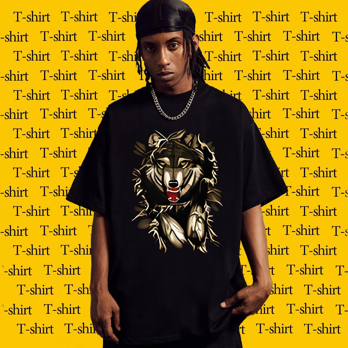 Popular Men Tees 100% Cotton 230g High Street Hip Hop wolf Oversized Short Sleeve O-Neck Classic Casual T shirt Clothes