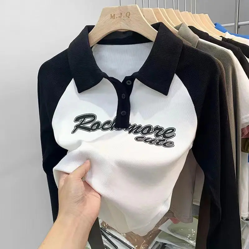 Short Sleeve Lapel Top T-shirt Womens Casual Fashion Letter Printing V-Neck Pullover Polo Summer Clothes Tees 240806