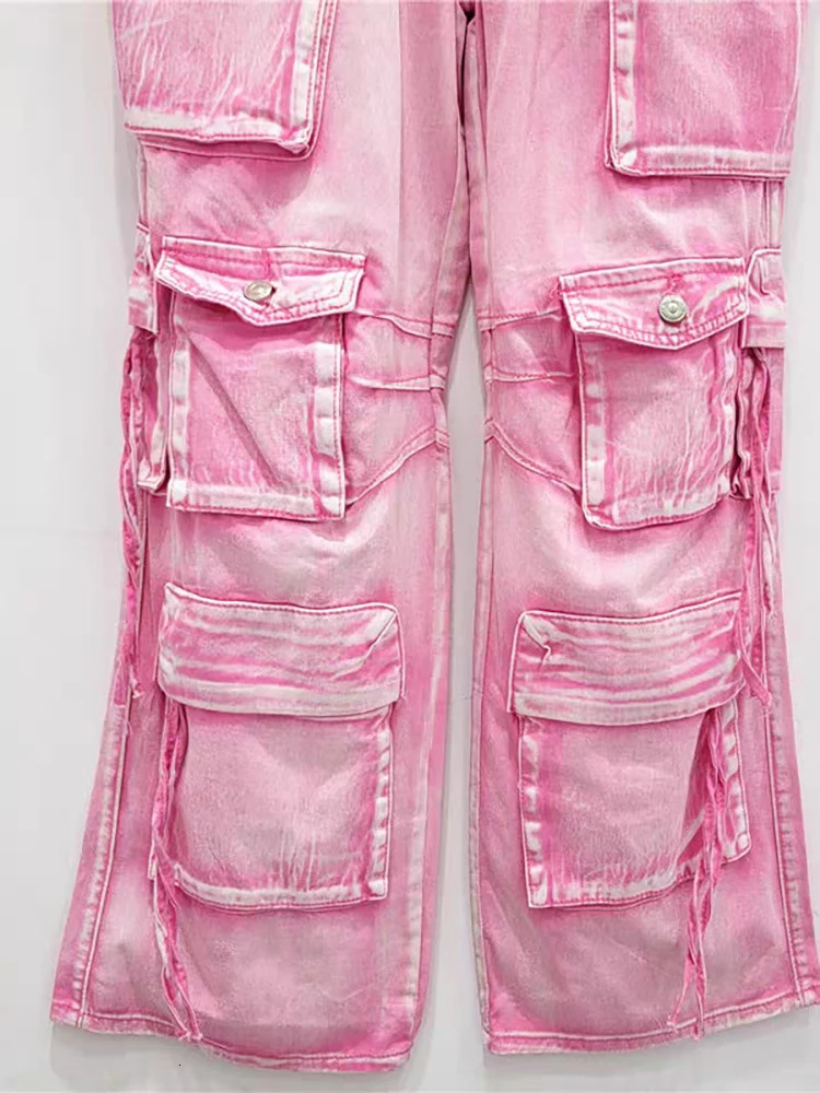 DEAT Womens Jeans High Waist Multiple Pockets Pink Washed Straight Wide Leg Cargo Denim Pants Summer Fashion 29L7634 240806