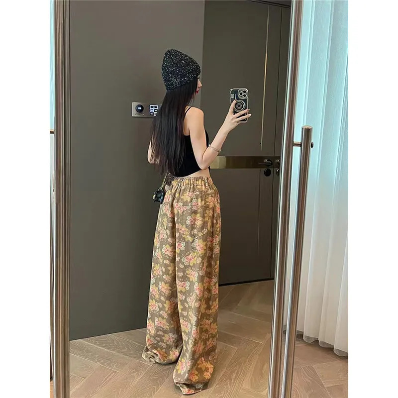 Womens Elegant Vintage High Waist Ripped Jeans High Street Baggy Yellow Pants Fashion Wide Leg Y2K Floral Print Denim Trousers 240806
