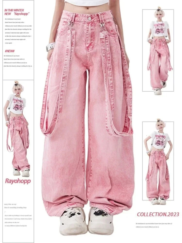 ADAgirl Pink Y2K Cargo Jeans Women Harajuku Oversize Vintage Belt Wide Leg Causal Denim Trousers Hip Hop Korean Straight Pants 240806