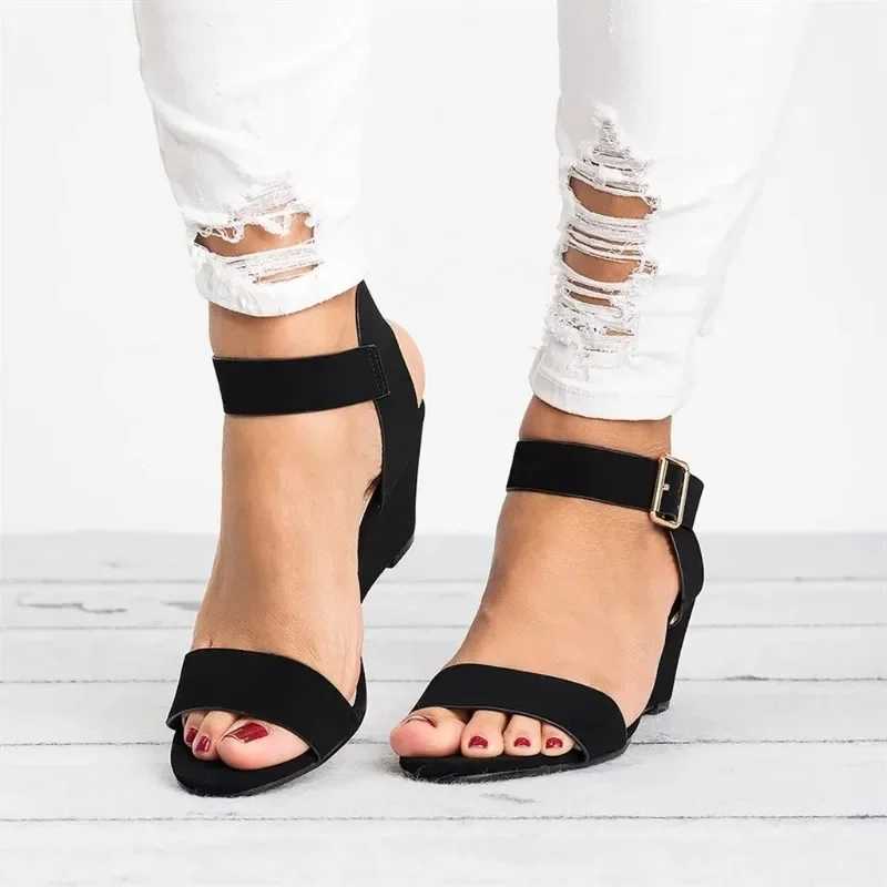 High Quality High Quality Womens Shoes One-word Womens Sandals Summer Solid Flock Open Toe Mid Heel Roman Beach Sandals Women T241227