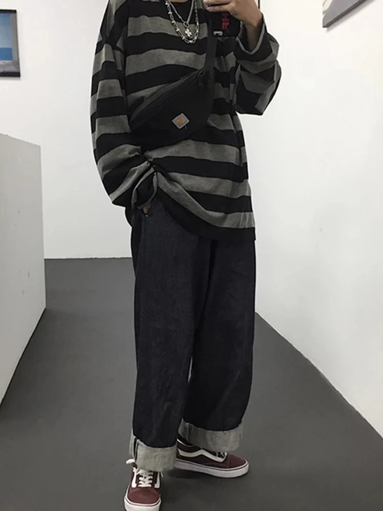 Autumn Striped T-Shirt Long Sleeve Oversize T-Shirt Gothic Teen Tops Couple Casual Women Shirt Fashion Harajuku Loose Streetwear 240806