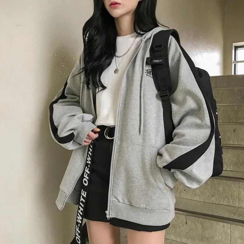 Women Sweatshirts Zipper Jacket Sweet Korean Hooded Spring and Autumn Coats Thick Winter Solid Loose Hoodies Womens Clothing 240806