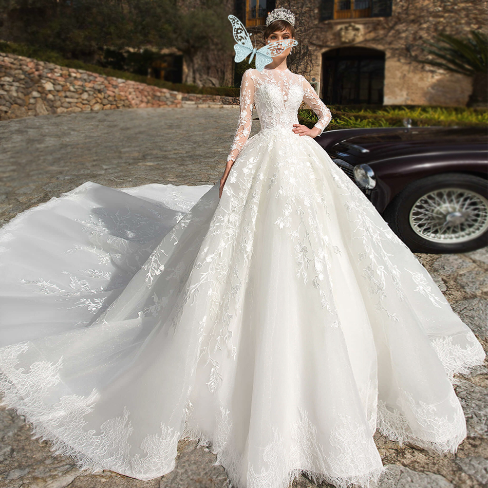 Princess Ball Gown Wedding Dresses Bridal Long Sleeves Luxury Lace Applique High Neck Crystals Beaded Satin Dubai Custom Made Plus Size