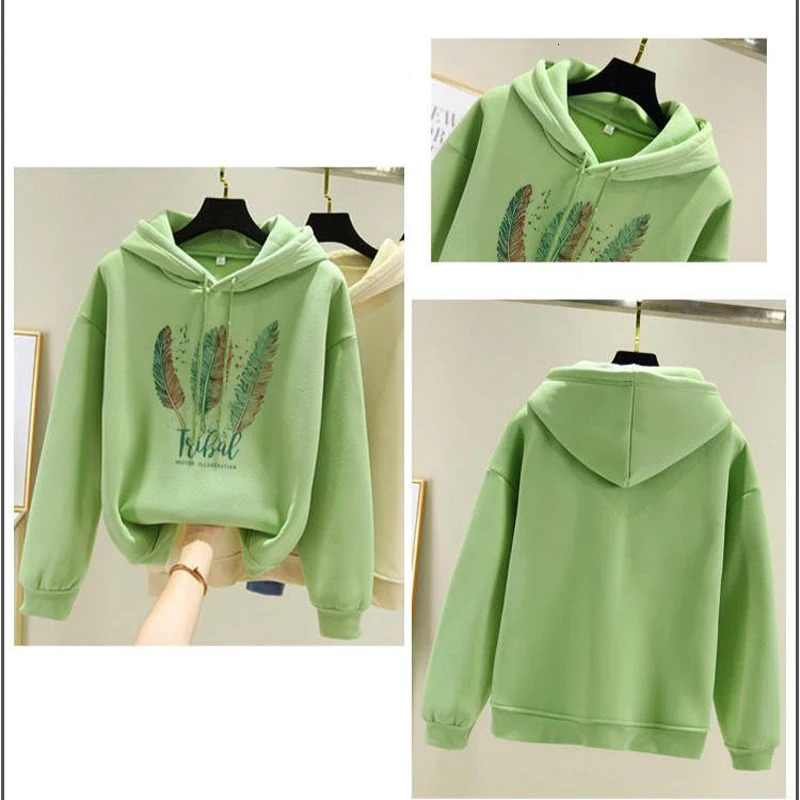 Women Fashion Feather Printed Hoodies Autumn Winter Plus Velvet Casual Loose Sweatshirt 240806