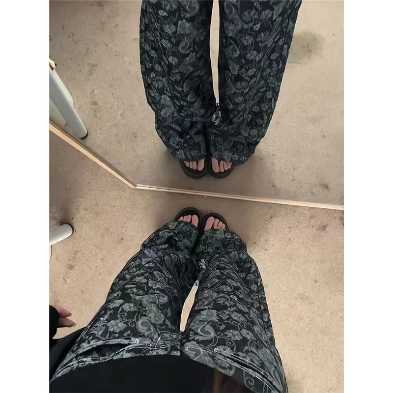 Womens Flower Print Baggy Jeans Vintage Cowboy Pants Harajuku Straight Denim Trousers Y2k Trashy Japanese 2000s Style Clothes 240806