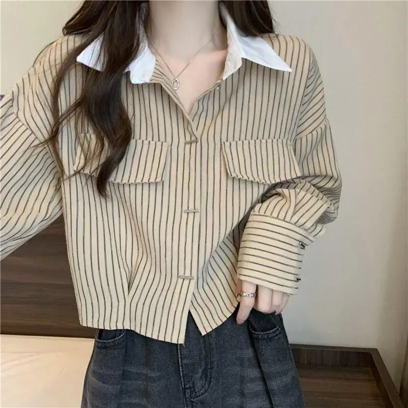 Contrast Striped Patchwork Short Blouse Spring Polo Neck Long Sleeve Loose Fashion Shirt Tops Office Casual Women Clothing 240806