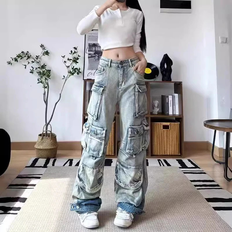 FOTVOTEE Cargo Pants Women Vintage Washed Streetwear Casual Loose Denim Pants Fashion Wide Leg High Waisted Jeans Y2k 240806