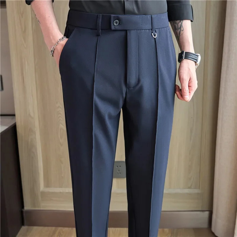 Men Suit Pants Trousers Spring Elastic Waist Solid Slim Fit Dress Office Business Casual High Quality Mens Clothing 240806