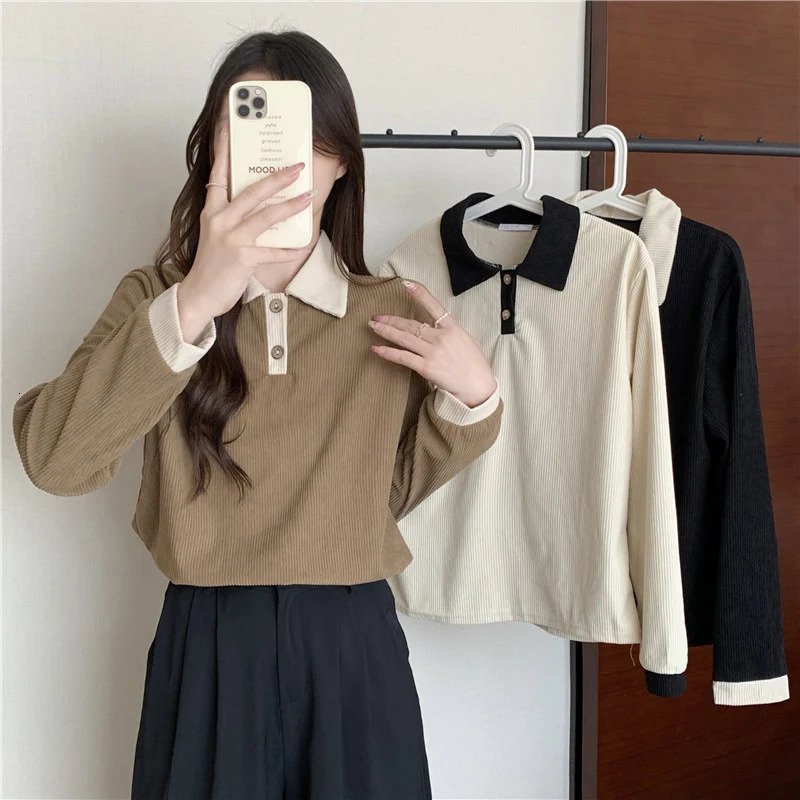Autumn long sleeved knitted T-shirt Y2k top retro womens sweater fashionable shirt street clothing casual polo neck T-shirt 28401 240827