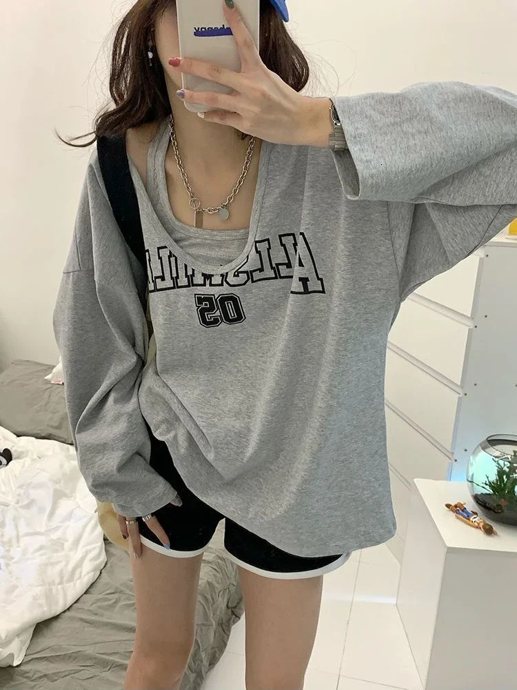 Y2K Two Pieces Set Oversized Women T-Shirts Spring Long Sleeve Halter Letter Print Sweatshirt Ladies Casual Loose Harajuku Tops 240806