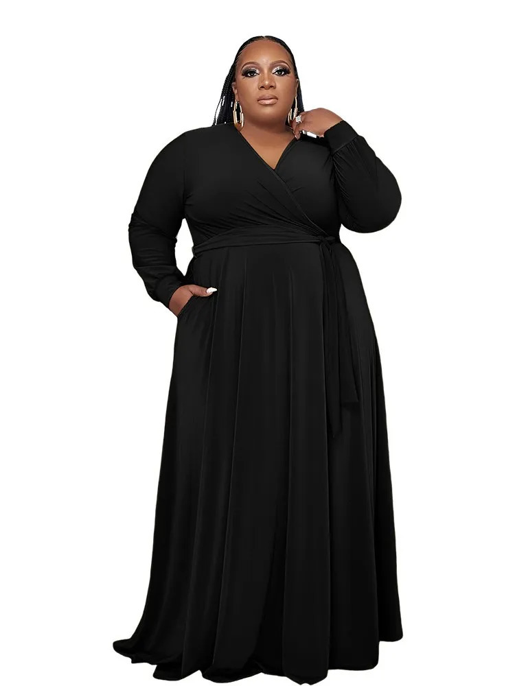 Plus size autumn V-neck long skirt womens fashion pleated womens clothing long sleeved casual loose womens clothing 240824