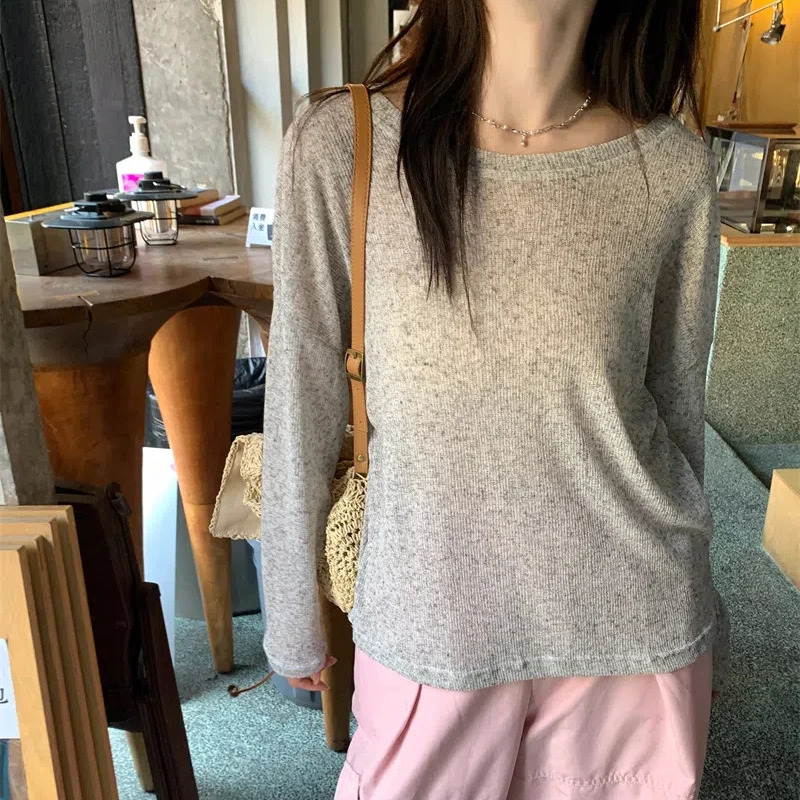 Korean Summer Womens Splicing Pullover O-Neck Fashion Solid Color Minimalist Office Lady Loose Casual Long Sleeve Tops 240806