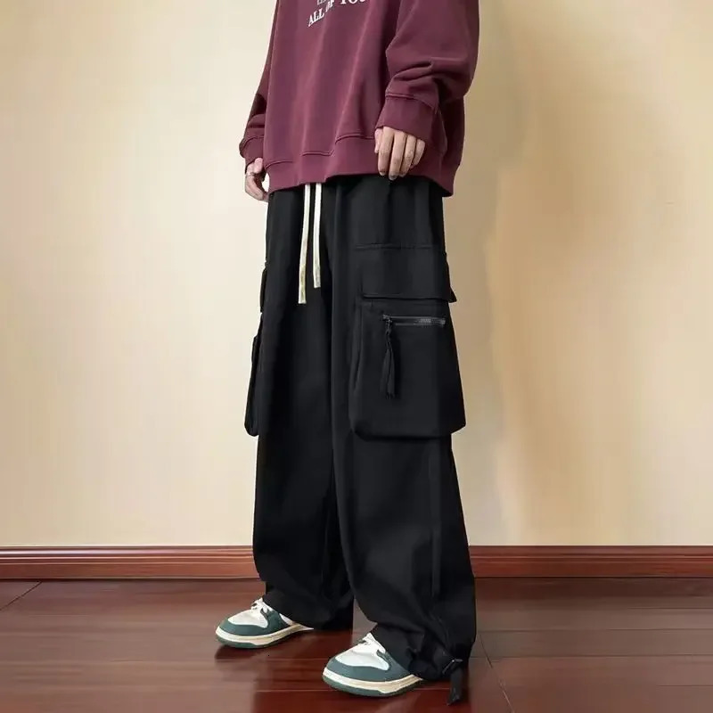 Male Trousers Multipockets Wide Mens Cargo Pants Black Aesthetic Multi Pocket Straight Casual Cotton Harajuku Long Luxury 240806