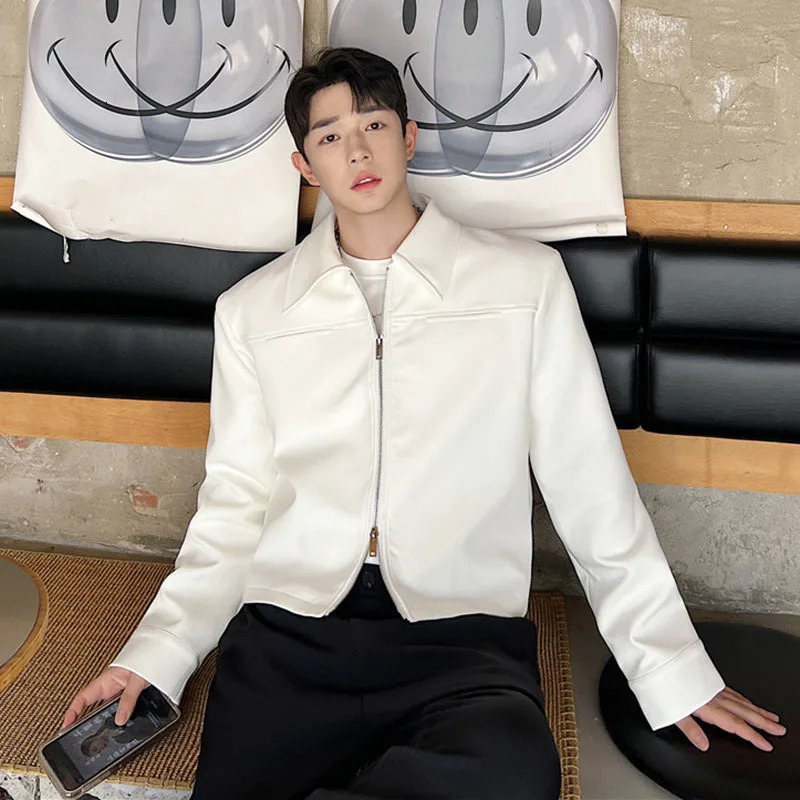 IEFB Trend Mens Jacket Korean Fashion Double Zipper Short Coat Fashion Solid Color Collar Mens Top 9A6760240806