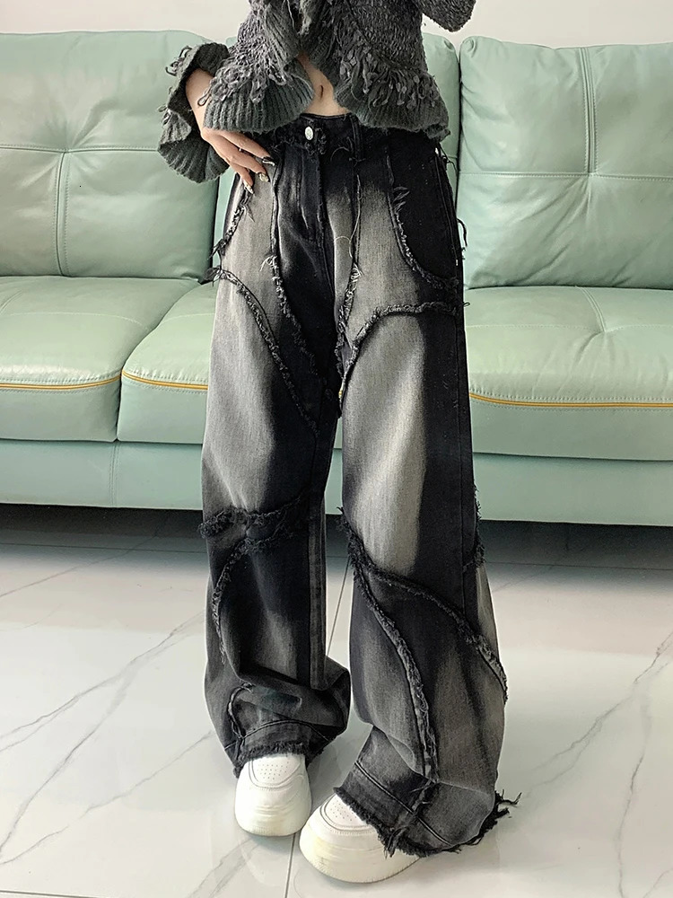 Retro Y2K Casual Ripped Dark Grey Jeans Baggy Women High Waist Wide Leg Trousers Harajuku Washed Denim Cargo Pants Fashion 240806