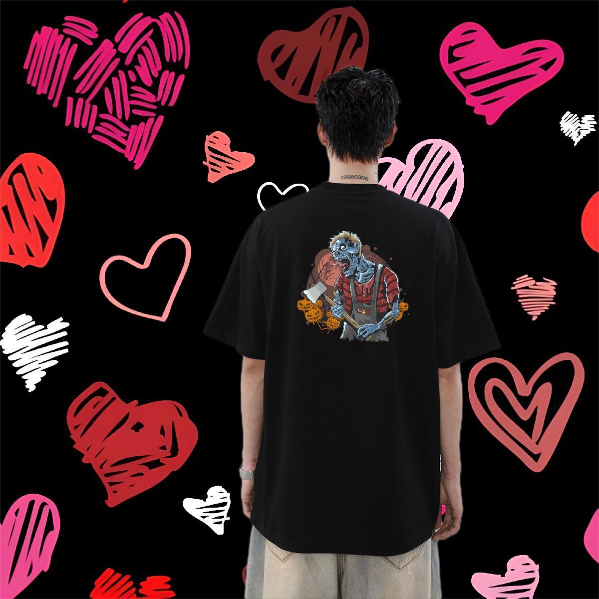 New Arrival T-Shirts 230g Pure Cotton Halloween Anime Printing Street Tees Shirts Breathable Crew Neck Soft Men Clothes T-Shirt Floral Print
