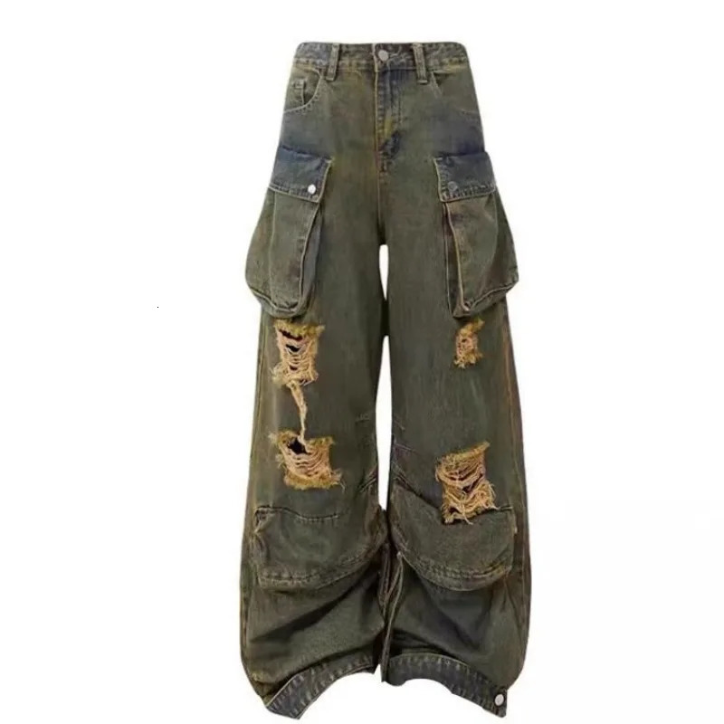 American Vintage Multi-pocket Jeans Female Y2K Street Hip Hop Fashion Hole Baggy Casual Joker High Waist Wide Leg Mop Pants 240806