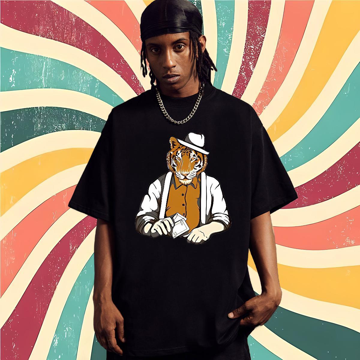 Fashion Casual T-Shirts for Men 230g Cotton tiger Sports Casual Tshirts Breathable Short Sleeve High Quality Mens Tshirts Anime