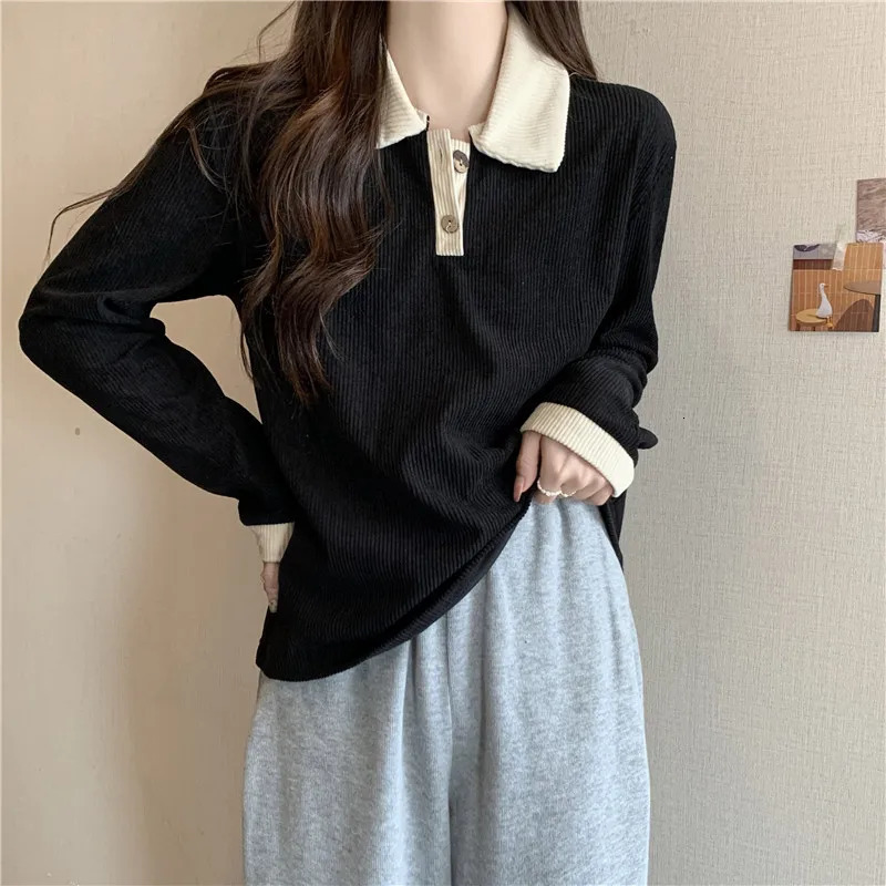 Autumn long sleeved knitted T-shirt Y2k top retro womens sweater fashionable shirt street clothing casual polo neck T-shirt 28401 240827