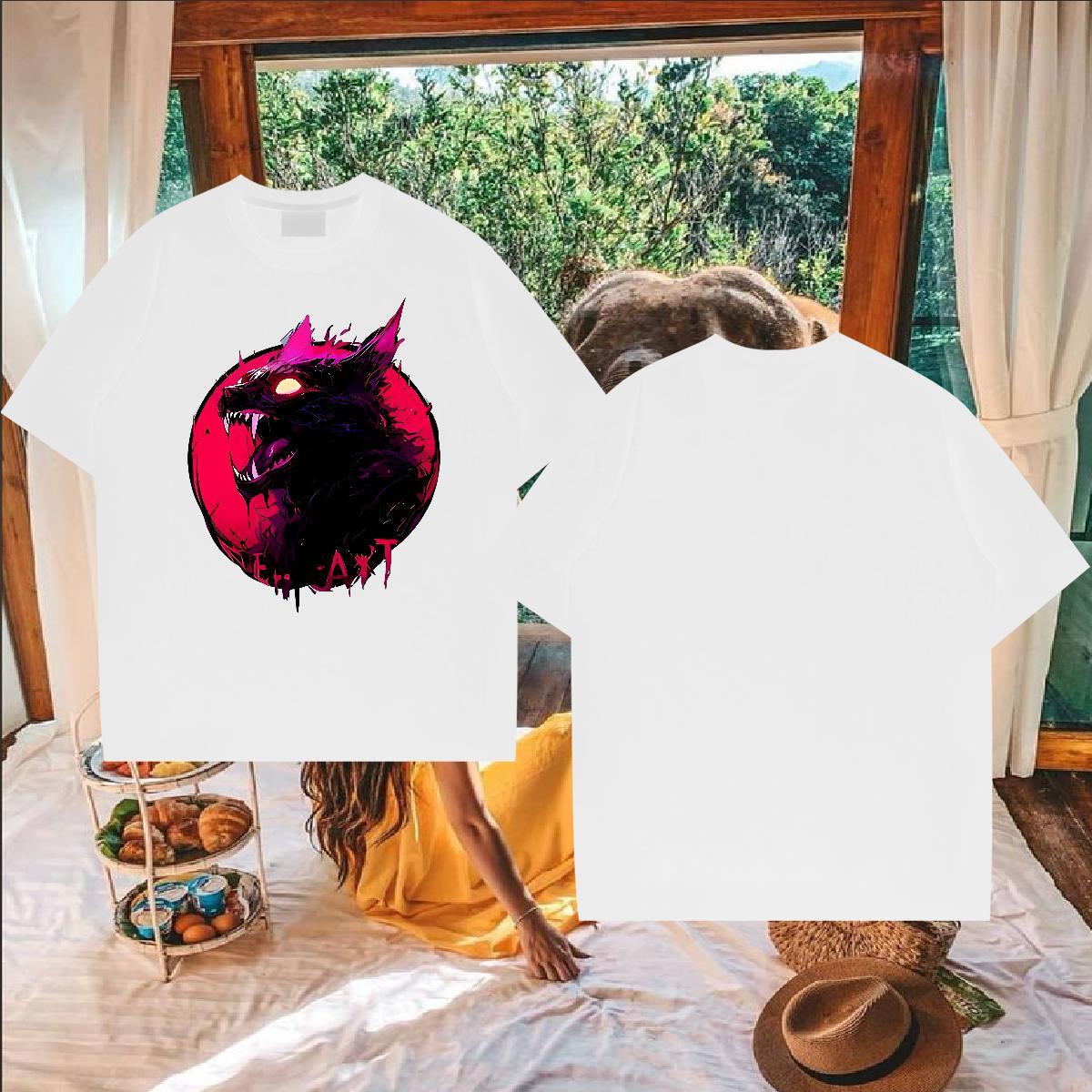 2024 New T Shirts Men 100% Cotton 230g wolf Anime Printing Street Tees Shirts Short Sleeve Soft High Quality Tshirts DIY Logo Oversized