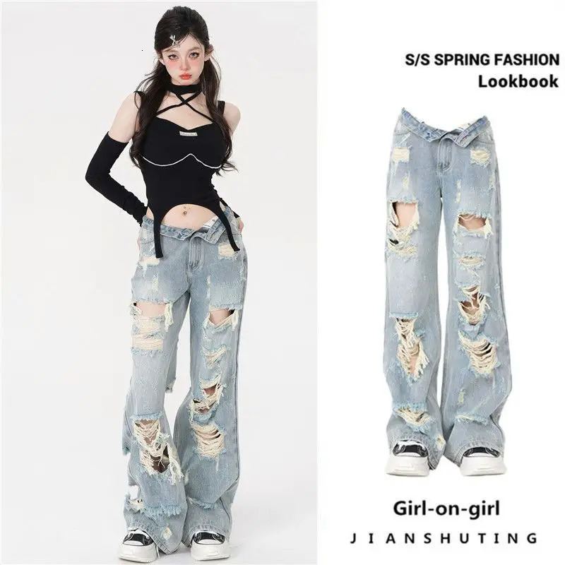 Summer Korean Fashion Loose Jeans for Women Denim Hole Broken Retro Streetwear Spicy Girls Wide Leg Cargo Pants Women Clothing 240806
