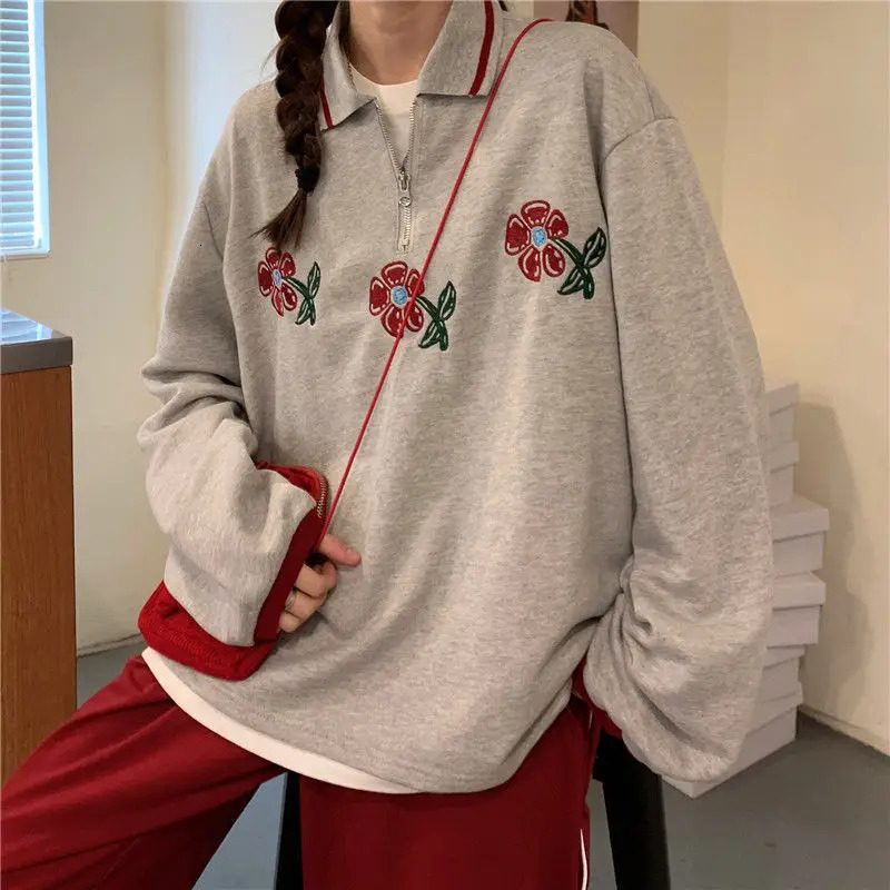 Polo collar long-sleeved sweatshirt for women autumn thin Korean style loose and versatile top ins trendy students y2k 240806