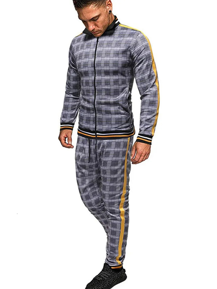 American Mens suits autumn leisure fiess sportswear long-sleeved zip-up large-size grid clothing 240806
