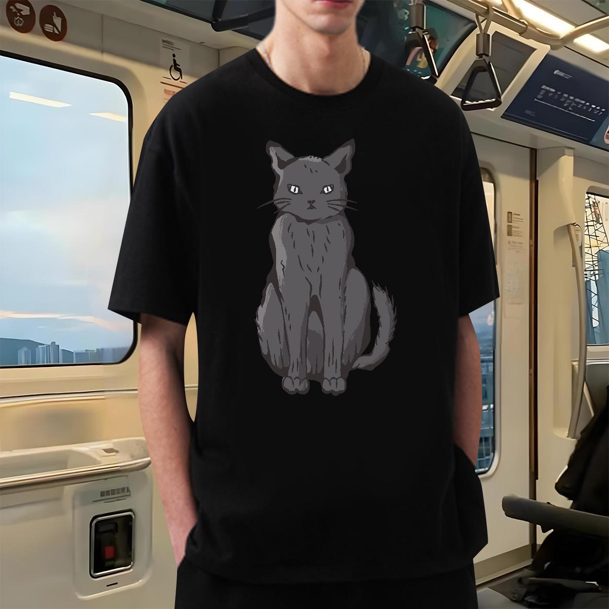 Fashion New T-Shirts 230g Pure Cotton cat Street Casual Tops Tees Breathable Loose Fit Men Tops Tees Cartoon Printing L-4XL