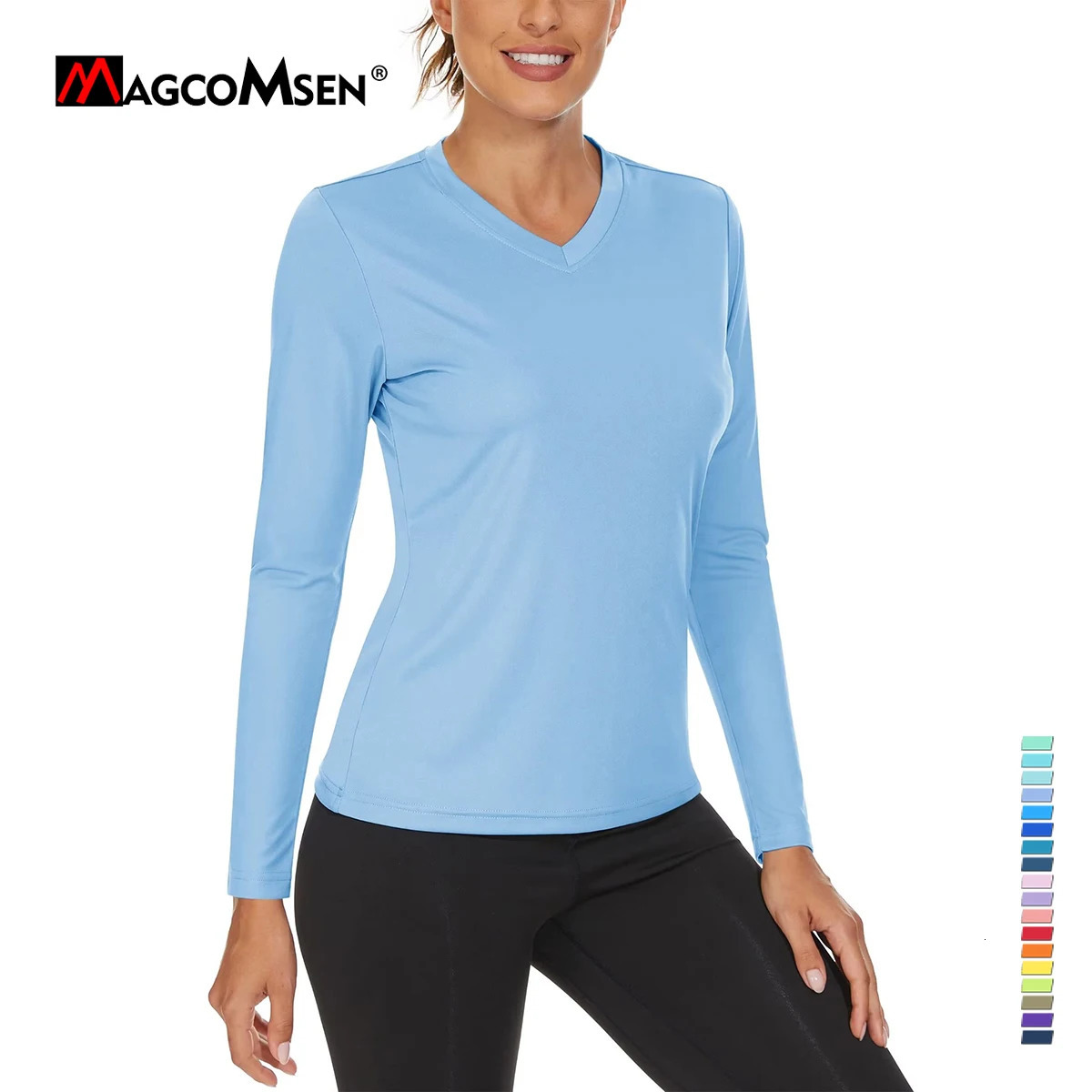 MAGCOMSEN Summer Womens Sun Protection V Neck Hiking Shirts Lightweight UPF50 Long Sleeve Quick Dry T-shirts Outdoor Pullovers 240806