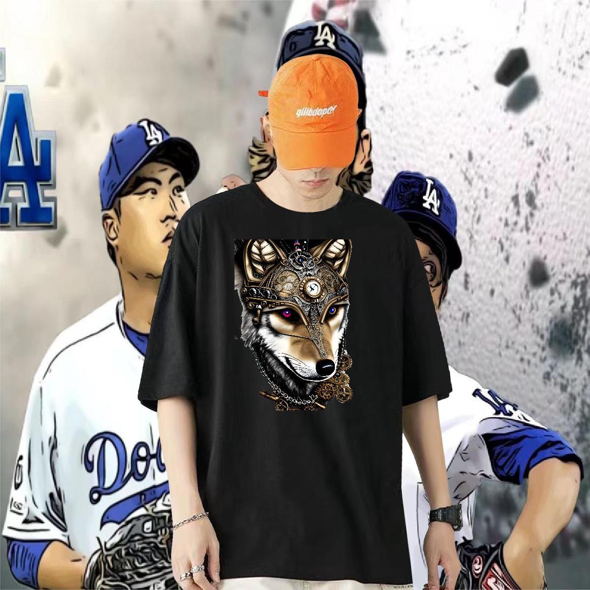 New Arrival T shirt 230g Cotton wolf High Street Hip Hop Polos Breathable Crew Neck Brand Men Tees Plus Size Cartoon