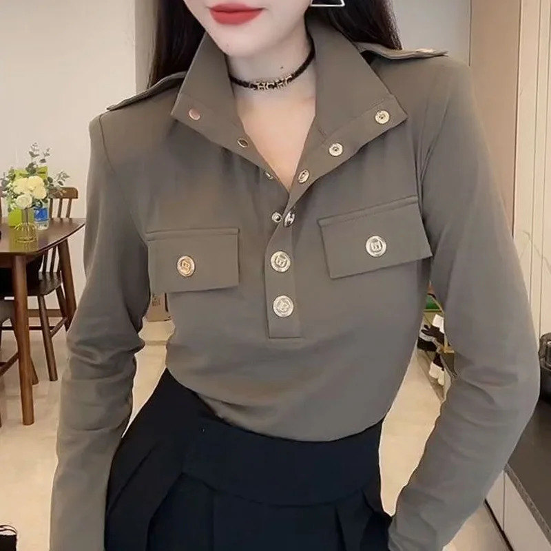 Trend Polo Neck T Shirt Tops Spring Autumn Solid Color Long Sleeve Button Patchwork Sexy Pullovers Fashion Y2K Women Clothes 240806
