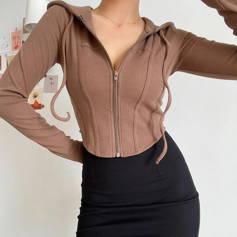 Streetwear Slim Fit Cropped Jacket Women Korean Fashion Long Sleeve Hooded Crop Top Woman Wild Ribbed Zipper Up Sweatshirt Mujer 240806