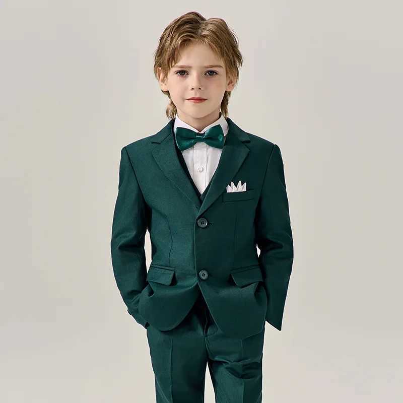 Suits Boys Dark Green Jakcet Vest Pants Bowtie Evening Party Dress Children Wedding Photograph Suit Kids Ceremony Performance Costume