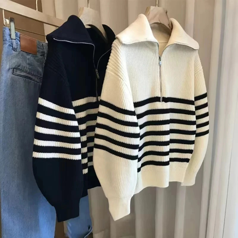 HELIAR Women Striped Loose Knit Sweater Casual Long Sleeve Zipper Polo Collar Sweaters Thickened Warm Pullovers Autumn Winter 240806