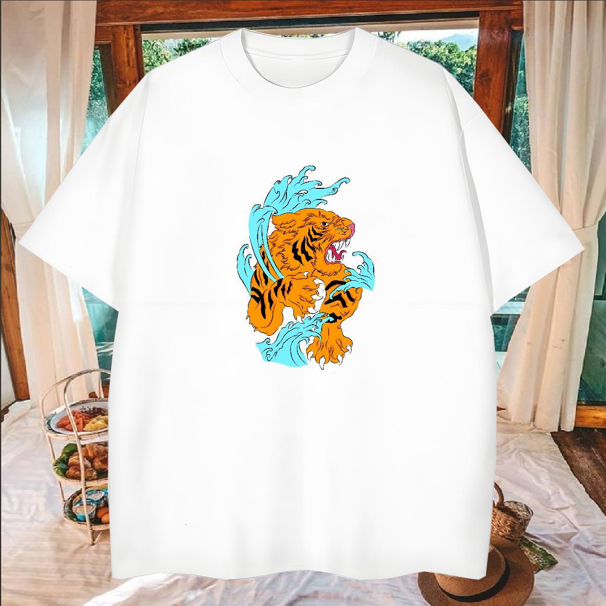 DIY Men T Shirts 100% Cotton 230g tiger Casual Beach Tops Shirt Round Neck Short Sleeve Free Shipping Men Tees Oversized