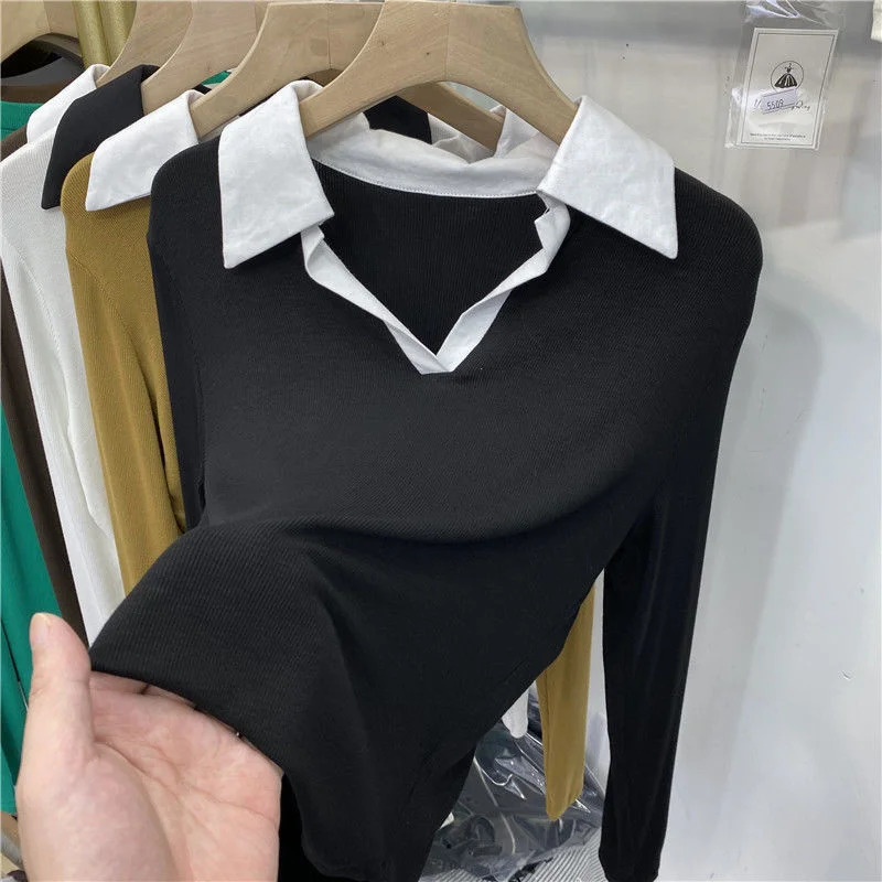 Patchwork Color Lapel Long Sleeve T Shirt Women Basic Shirts Fall Casual Elastic Rib-knit Polo Shirt Y2k Top Women Clothing 240806