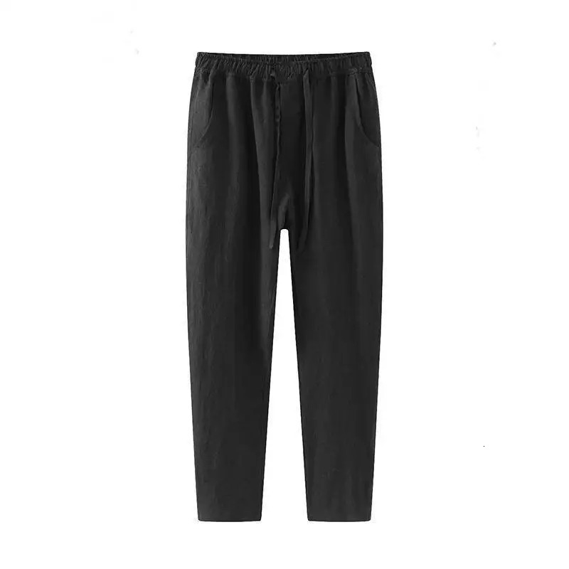 Mens summer streetwear breathable cotton linen ankle length pants mens simple casual solid loose Trouser Y2K pocket Pantalones240806