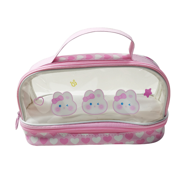 Double layer pencil case, transparent cartoon large capacity pencil case, hand-held student stationery storage bag internet famous cute makeup bag