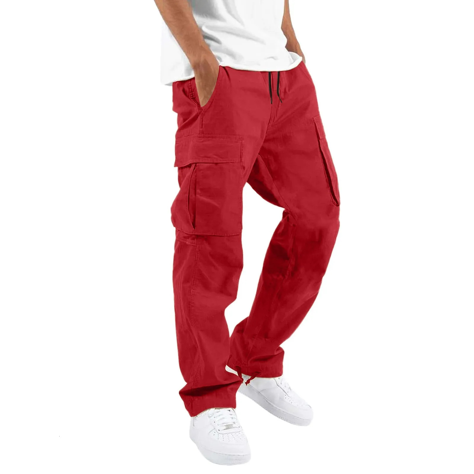 Red Cargo Pants Male Multi Pockets Elastic Drawstring Sports Trousers Mens Solid Color Streetwear Floor Length 240806