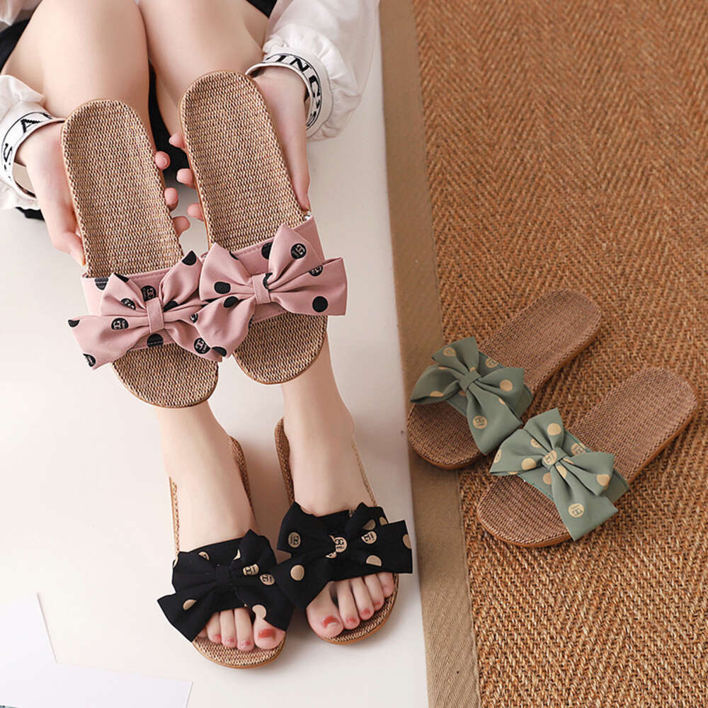 Bow Linen Ladies Indoor Anti-slip Thick-soled Slippers Home Shoes for Women