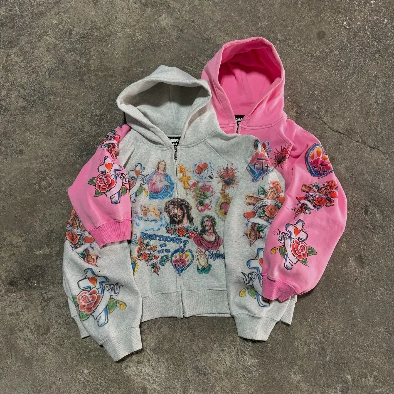 American retro gothic rock letter print pattern oversized hoodie mens fashion Harajuku loose versatile sweatshirt couple style 240806
